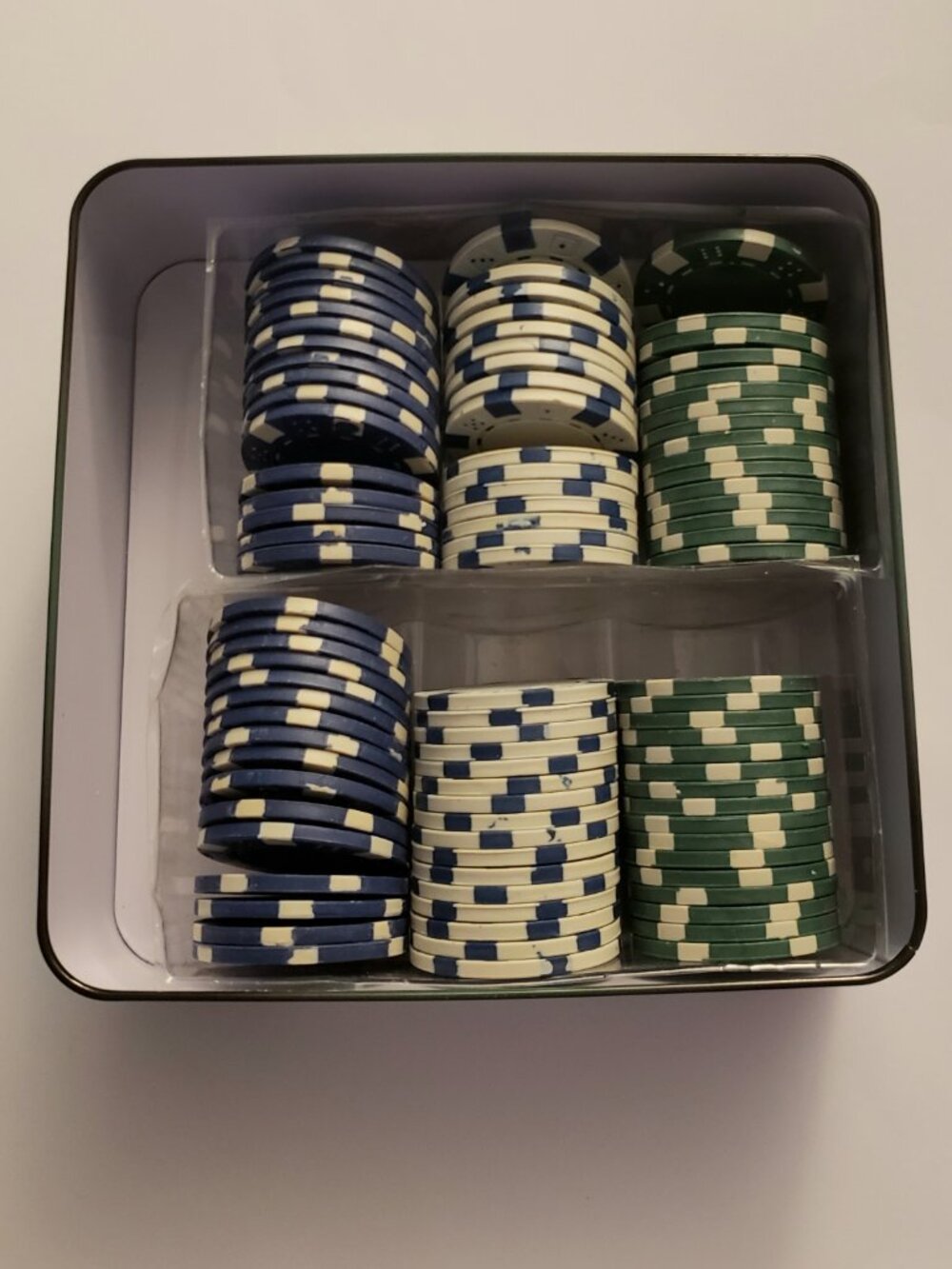 96 Poker Chips 3 Color Set Embossed Texas Holder Metal Tin Blue Green White - Picture 2 of 16